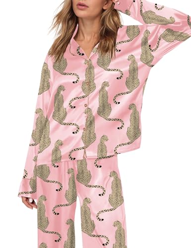 Image of SHESHOW Satin Pajamas Set for Women Set Long Sleeve Button Down Pjs Sets 2 Piece Loungewear Animal Sleepwear XS-XXL