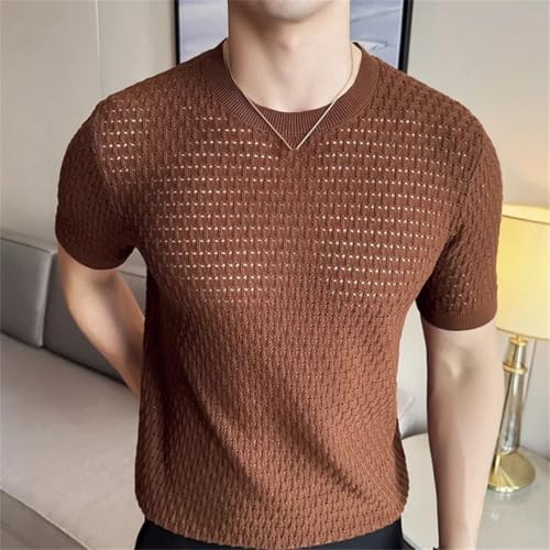 Men Summer Thin Knitted Hollow Out Round Neck Short Sleeve Elastic Slim Pullover3