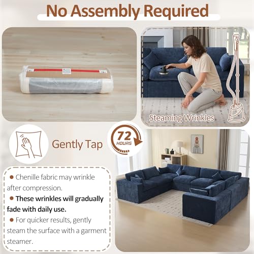 Image of 146''Cloud Boneless Sectional Couch, Modular Sectional Sofa Deep Seat, Oversized Upholstered Convertible Comfy 8 Seater Chenille Memory Foam Sofa U Shape Couches for Living Room, Navy