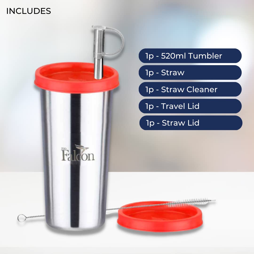 PDDFALCON Steel Straw Sipper Glass with Extra Lid & Cleaning Brush,100% Leakproof BIS Certified, Jindal Seal & Made in India - 520ml (Red) 2