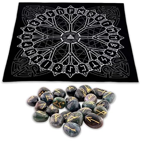 Healing Crystals Rune Stones Witchcraft Supplies, Engraved Elder Futhark Crystal Sets For Beginners, Crystals And Gemstones Runes Witchcraft Kit With Velvet Pouch For Meditation Gifts ( Blood Stone ) Cover