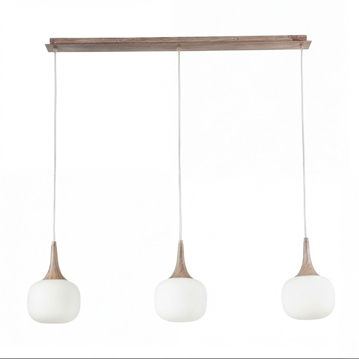 Lámpara colgante para mesa alargada moderna de vidrio y madera regulable en altura L:97 cm de tres luces E14 antideslumbrante ideal para sala de estar y comedor estilo escandinavo