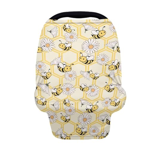 Image of Wanyint Baby Car Seat Covers Carseat Canopy for Boys Girls, Multi-Use Nursing Breastfeeding Covers Mothers Nursing Scarf Halloween Decoration, Bee Honeycomb Daisy Yellow