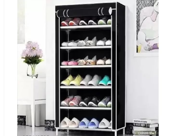 Image of Portable Fabric Wardrobe with Dustproof Cover, 6-Tier Storage Organizer with Shoe Rack, Foldable Space-Saving Closet for Bedroom & Home, Black