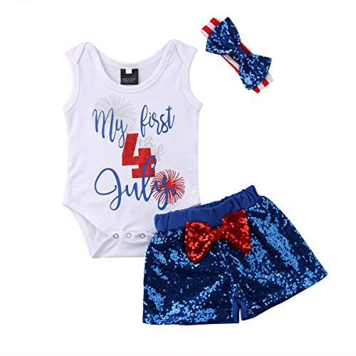 Newborn Baby Girls 4th of July Outfits Letter Romper Bodysuit Tops Ruffle Bloomers Shorts Pants Clothes Set (Blue,12-18 Months)