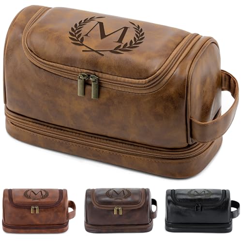 Aganmi Personalized Gifts Travel Toiletry Bag for Men Him, Laser-Engraved Initial PU Leather Waterproof Shaving Bag Christmas Birthday Gift for Men Dad Husband Boyfriend Groomsmen, Light Brown M