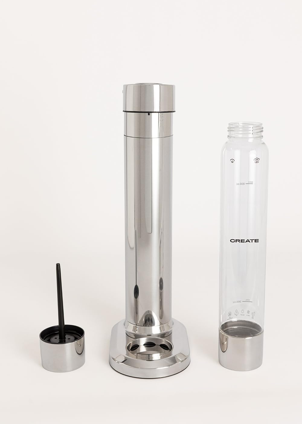 CREATE SODA MAKER STUDIO / 1L CHROM + DOPPELFLASCHE 500ml + 350ml / KEINE CO2-Zylinder, BPA freie Flasche