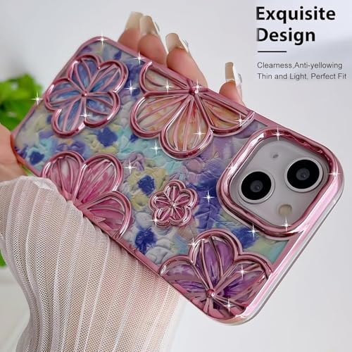 Image of mobistyle Designed for iPhone 15 Plus Cover | Electroplating Colourful Flower 3D TPU Camera Protection Back Cover Case for Women Girls (Flower Pink)
