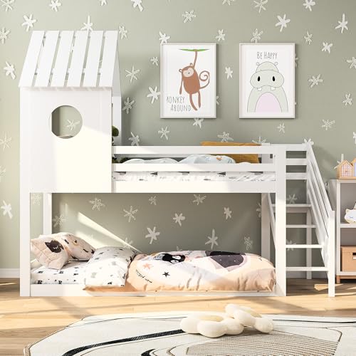 Etagenbett 90x200 cm, Hochbett mit Treppe, Doppelstockbetten mit rausfallschutz, Kinderbett Holzbett mit Fenster und Dach, Hausbett mit Lattenrost,Wackelsicher und Kippgeschützt, Weiß – Bild 8