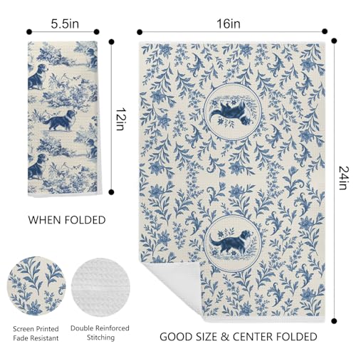 Image of Blue Chinoiserie Border Collie Kitchen Towels, Border Collie Gifts Dish Tea Towels for Kitchen, Vintage French Toile Dog Decorative Hand Towel for Bathroom, Dog Lover Gifts, 16x24 Inch Set of 2