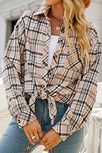 Image of CHYRII Womens Button Down Flannel Shirts Long Sleeve Plaid Shackets Business Casual Blouse Top