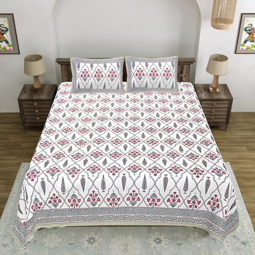 Image of Living Roots Jaipuri Hand Block Print Double Cotton Bedsheet & 2 Pillow Covers, for Mattress Upto 8 inches Thick, No Colour Bleeding, Orange Colour, Super King Size 96 * 104 inches, 150TC (572-B)