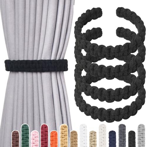 NICEEC 4 Pack Natural Cotton Rope Curtain Tiebacks Farmhouse Rustic Style Decorative Drape Tie Backs Handmade Braided Curtain Holdbacks for Home & Office Sheer/Light Weight Drapery (C-Black-L)