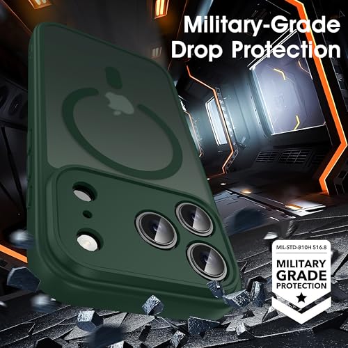 Image of Oterkin Magnetic for iPhone 17 Pro Max Case Matte, Full Camera Protection Compatible with MagSafe Frosted Translucent Shockproof Anti-Scratch Slim Fit Case Military Grade Protection (Dark Green)