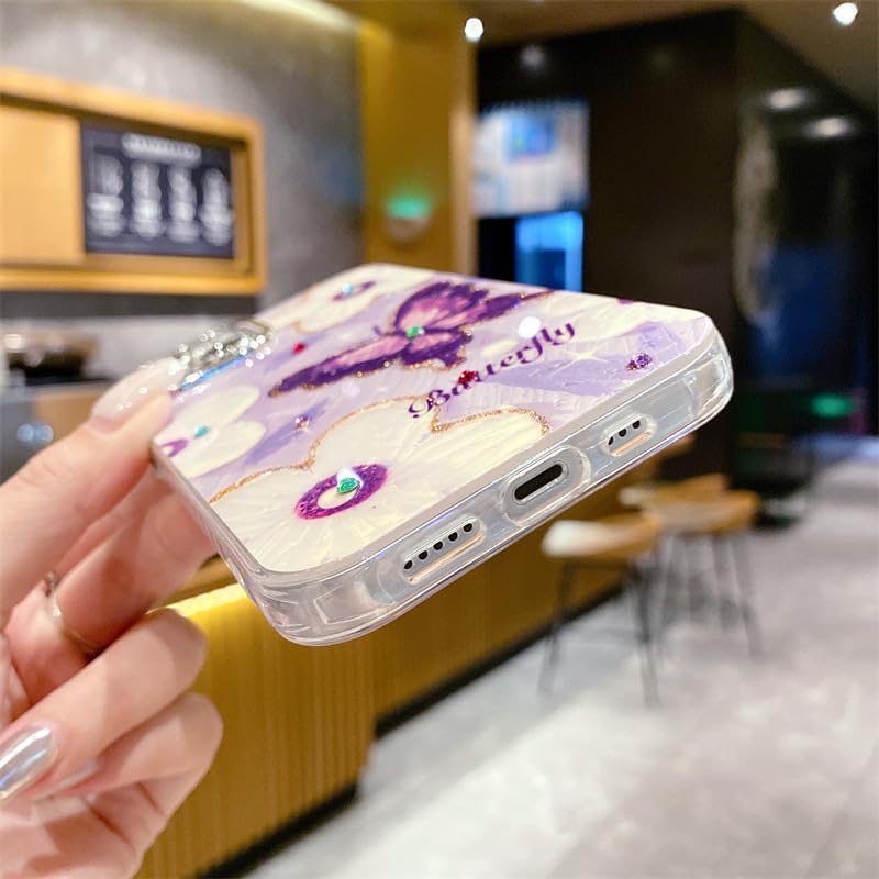 Elzzi Compatible with iPhone 16 Case 3D Laser Flower Oil Painting Cute Colorful Blue Ray Bumper with Full Camera Protection Shockproof PC+TPU Glossy Shiny Cover for Girls Women, Butterfly Purple