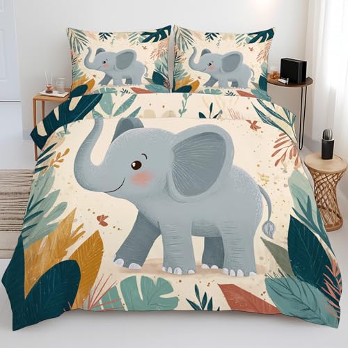 Housse de Couette 90x190 Enfant Éléphant Dessin Animé - Parure de Lit 1 Personne Motif Feuilles Palmier Tropicales Réversible avec 1 Taie d'oreiller , Microfibre Douce avec Fermeture Éclair U4f509