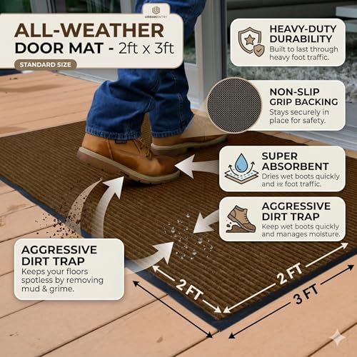 Image of Front Door Mat Indoor Outdoor Entrance, 2 x 3 Feet All-Season Waterproof Doormat for Entryway, Heavy Duty Commercial Floor Mat, Fade Resistant, Rubber Back, Low Profile, Easy Clean, Brown