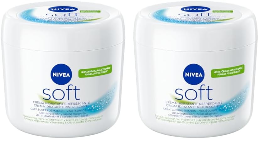 NIVEA Soft (1 x 500 ml), crema multiusos con aceite de jojoba y vitamina E, crema hidratante intensiva para el cuidado de la piel de cara, cuerpo y manos, sin parabenos (Paquete de 2)