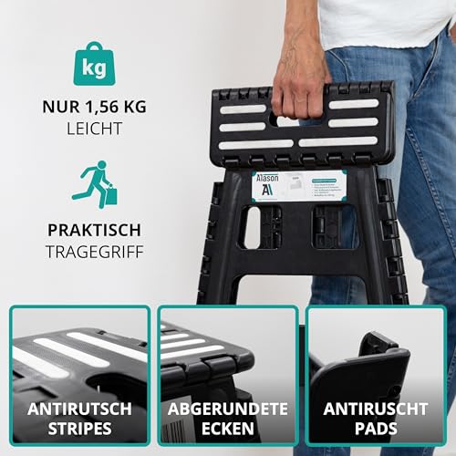 VERGLEICHSSIEGER - Alason® Tritthocker Klappbar 39cm, Belastbar bis 200kg – Mit Aufhängehaken & Aufbewahrungstasche – Platzsparender, Faltbarer Hocker in Anthrazit/Schwarz für Zuhause, Küche & Bad