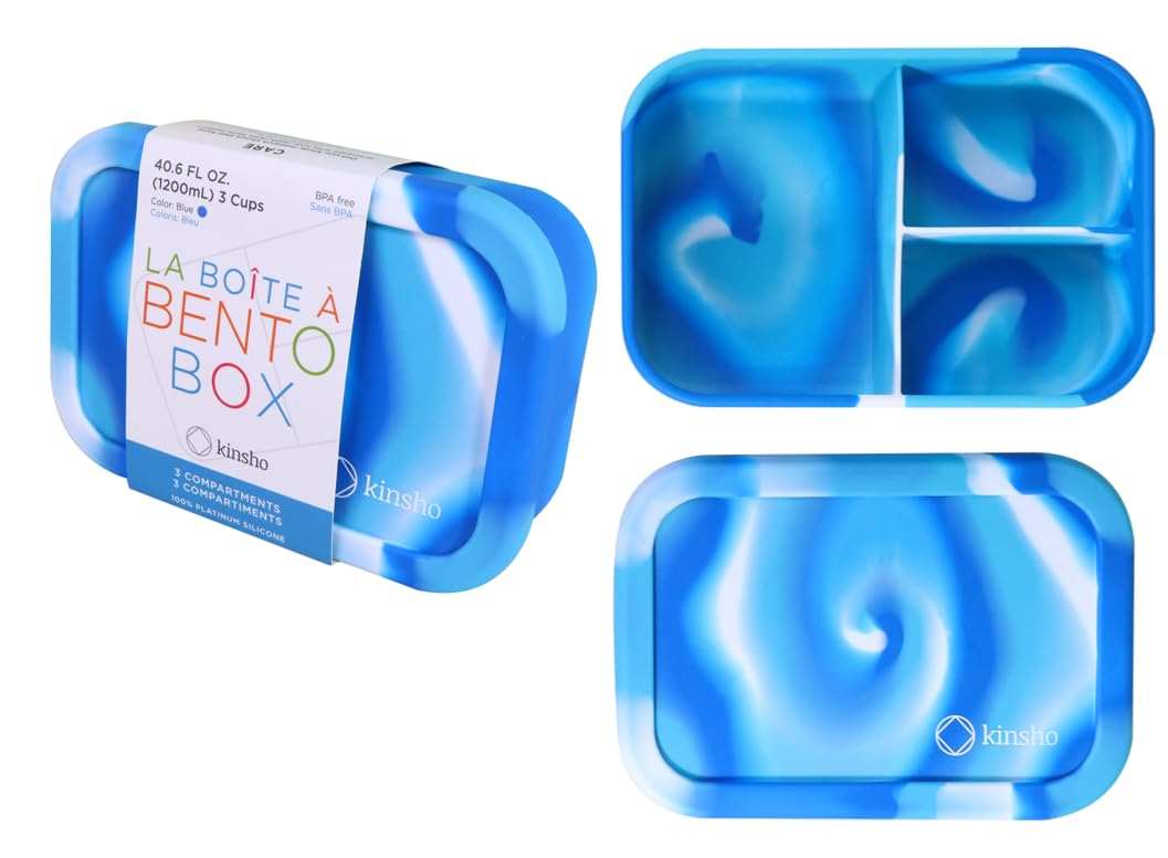 KINSHOSilicone Bento Box Lunch Box for Kids Toddlers Teens, Reuseable Eco Snack and Meal Container for School Daycare or Travel, 5 Cup /40 oz Large Capacity, Blue
