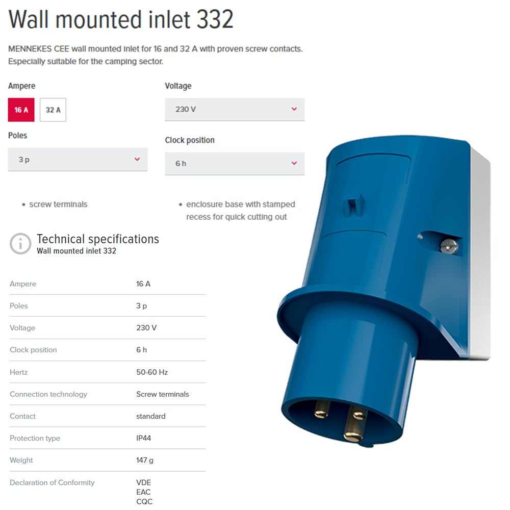 Mennekes (firma) 332 wpuszczany na ścianę, zaciski śrubowe, ochrona IP 44, 6 godzin pozycji Earth, 3-biegunowy, 16 A, 230 V, niebieski