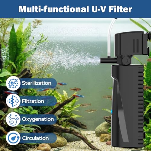 Image of Aquarium U-V Filter for Green Water, Fish Tank Filter with U-V Light & Timer, Turtle Tank Filter with Dual Outlet & Aeration, for 20-70 Gallon Freshwater & Saltwater