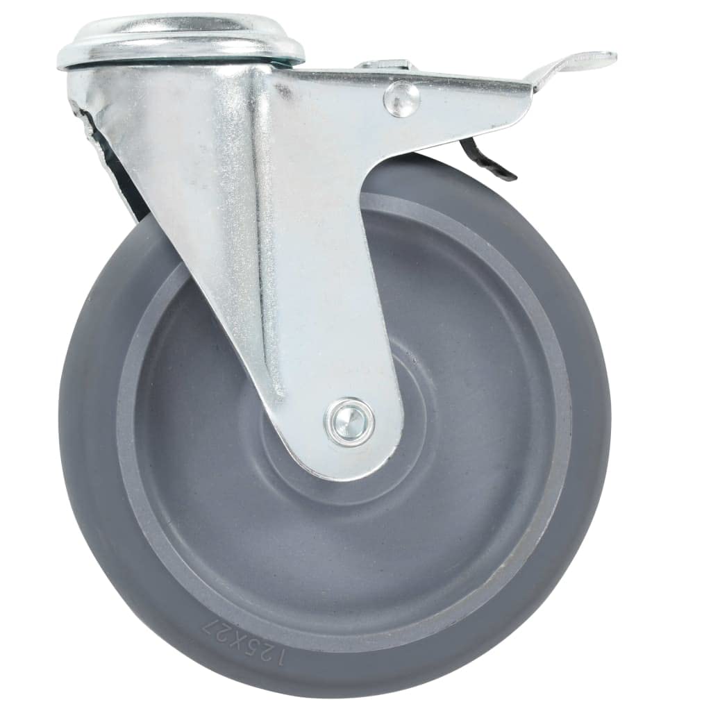 Ruote girevoli con foro per bulloni, 4 pezzi, 125 mm TPR grigio, ferro zincato, 80 kg per ruote, 2 con doppi freni, per banco da lavoro, carrello, carrello e logistica di magazzino