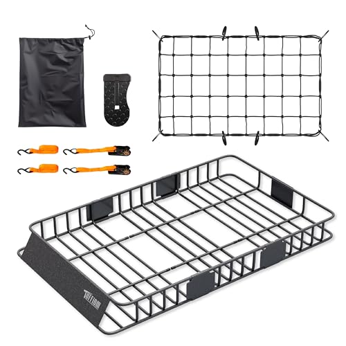 TUFFIOM 64"x 39"x 6" Extendable Rooftop Cargo Carrier Basket, Universal Steel Roof Rack Basket w/Net+Storage Bag+Footrest+Straps, Heavy Duty Car Top Rack Luggage Holder Carrier for SUV Car Truck Van