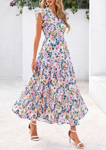 Image of PRETTYGARDEN Women's 2026 Summer Floral Midi Dress Cap Sleeve V Neck Ruffle Long Flowy Boho Casual Beach Vacation Dresses