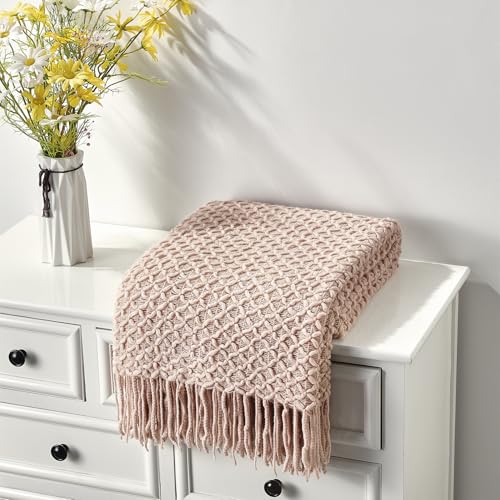 Image of CREVENT Farmhouse Boho Knitted Throw Blanket for Couch Sofa Chair Bed Home Decoration, Soft Warm Cozy Light Weight for Spring Summer Fall (50''X60'' Blush Pink)