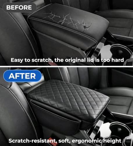 Image of Center Console Cover for Jeep Grand Cherokee L 2026 2025 2024 2023 2022 2021, 1.2-Inch Thick PU Leather Middle Armrest Cushion Protector Pad with 2 Side Pockets, Black