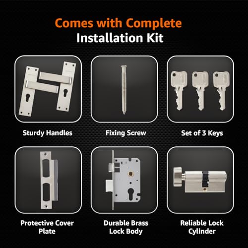 Image of Amazon Basics Heavy-Duty Door Lock Set | Mortise Door Lock Handlesets with 3 Brass Key for Home,Office,Hotel | Brass Lock Body & Cylinder | Silver