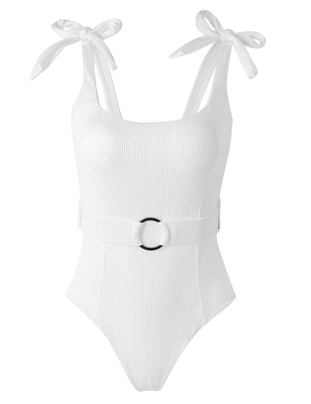 TSMEZA Women's One Piece Swimsuits Belt Tummy Control Bathing Suits Tie Shoulder Swimwear