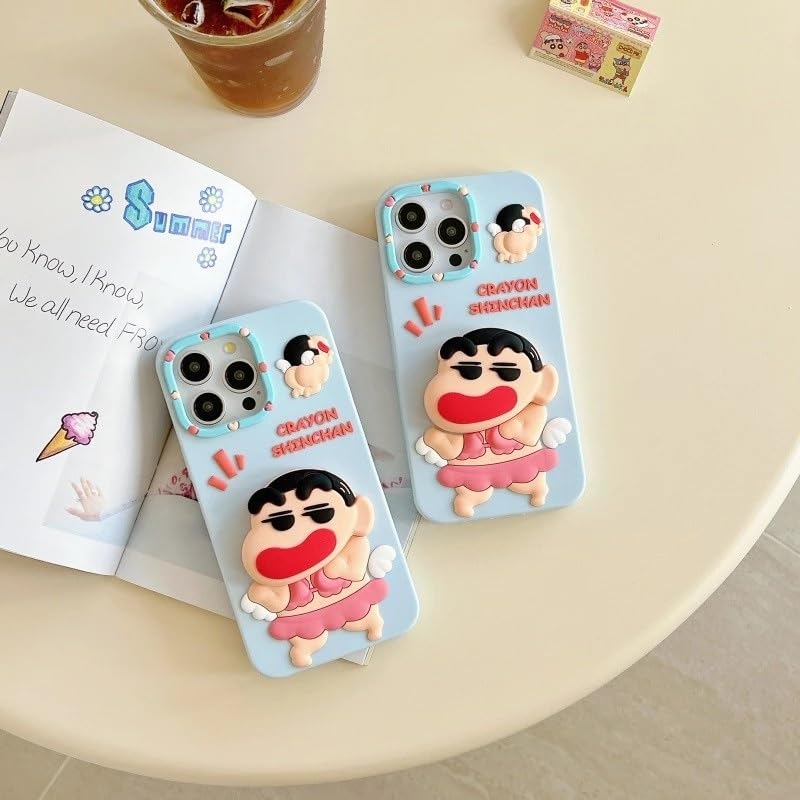Image of COVERLY for iPhone 12 Pro 3D Cute Cartoon Crayon Shin-Chan Case,Full Protective Japanese Anime Cool Pop Back Case with Phone Holder Soft Silicon Blue Fashion Kawaii Cover for Apple iPhone 12 Pro