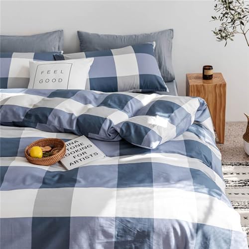 Image of Plaid Comforter Set Full Modern Style Checkered Pattern Comforter for Men Boys Blue White Grey Geometric Comforter with 2 Pillowcases Fluffy Soft 3 Pieces Lightweight Bedding Full Comforter Set