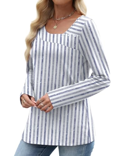 OFEEFAN Long Sleeve Shirts for Women Fall Clothes Asymmetric Square Neck Tunic Tops Decorative Buttons4