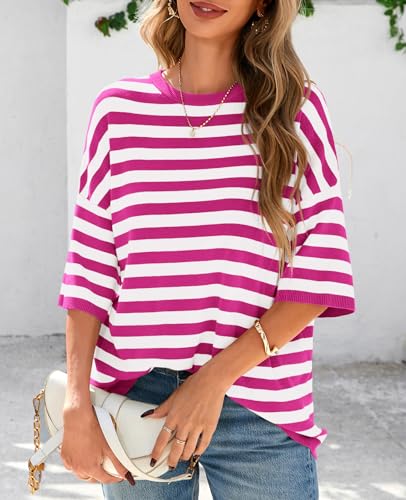 PRETTYGARDEN Womens Spring Summer Tops Fashion Striped Short Sleeve Sweater Crew Neck Lightweight Knit Oversized Shirts 20254