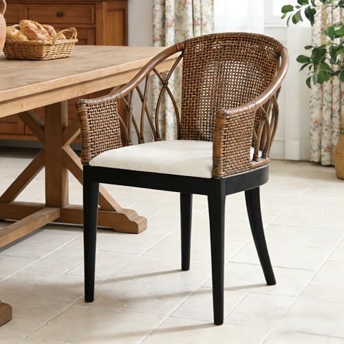 DUHOME Wood Rattan Arm Accent Chair Natural Wash/White Cushion Side Armchair Gianni Brown & Black Solid Living Room Chair for Living Room Bedroom Office Foyer Arm Chair