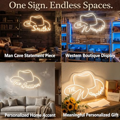 Image of Custom Cowboy Hat Neon Sign for Western Decor | Rodeo party, ranch, home bar, wedding, last name light, dimmable LED, rustic wall accent, personalized gift