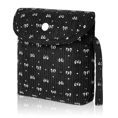 Image of Bow Corduroy Sanitary Pad Pouch Soft Discreet Pad Bags for Period for Women Cute Nursing Pad Holder Menstrual Cup Tampon Pouch First Period Gift Feminine Bag (Black)