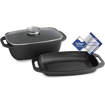 Cast aluminium roasting dish with integrated aroma knob cast aluminium roasting tray saut  pan with steam vent non-stick Teflon coating grill lid up to 240  C dishwasher-safe