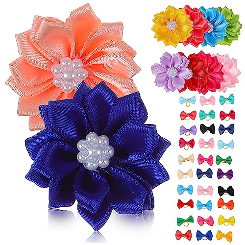 ROMISBABA 40Pcs Pet Hair Bows and Flower Hair Ties Soft Bands for Dogs and Cats Adorable Accessories for Furry Pets for Dress Up Parties and Photoshoots