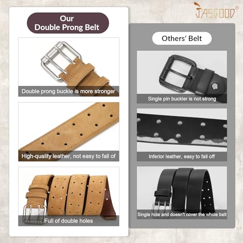 Image of JASGOOD Men Double Prong PU Leather Belt Casual Work Heavy Duty Belt Double Grommet Holes Belt for Jeans