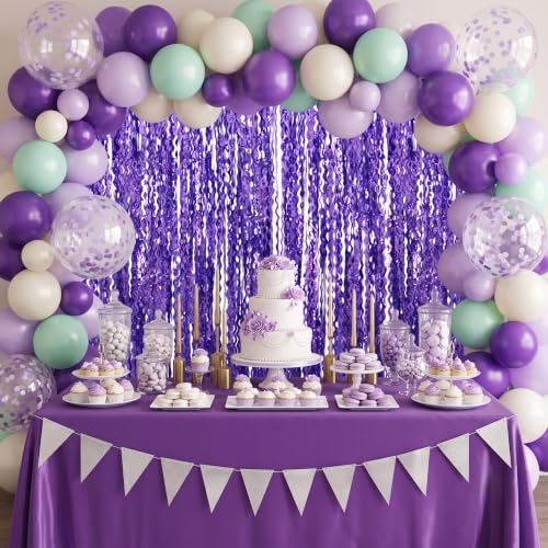 Image of TONIFUL 2Pcs Wavy Light Purple Metallic Foil Fringe Curtain Laser Streamers | 3.3ftx6.6ft Photo Booth Backdrop Door Streamer Curtain, Props for Bachelorette Mermaid-Themed Birthday Graduation Decoration