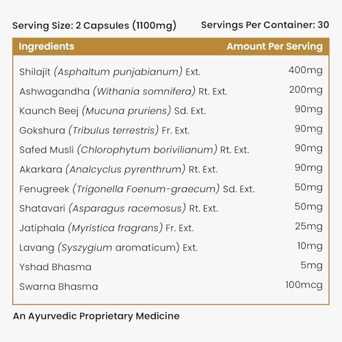 Vlado's Himalayan Organics 100% Pure shilajit Supplement with 24 Carat Gold Bhasam - 1100 MG/ Serving Shilajit Capsules with Ashwagandha, Safed musli, Kaunch beej , Gokshura , Rajat & Swarnat Bhasma +12 more Higy potency Ayurvedic herbs I Extract,75% Fulvic Acid,85+ Trace Minerals | 10x More Powerful Shilajit/shilajeet I Boosts strength, Stamina, Power and Performance , Faster Muscle Recovery ,Restores Vigor and Vitality , Supports Healthy Testosterone Levels , For All Day Energy & Stamina - 60 Natural Capsules - Image 3
