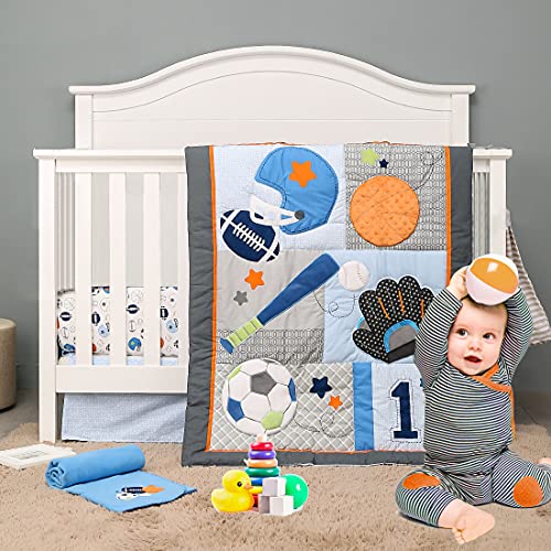 Image of Brandream Sport Baby Crib Bedding Sets - No.1 Champ Ball Theme Boys Nursery Set | 3-Piece Nursery Set | Baby Quilt, Fitted Crib Sheet, Dust Ruffled Included - Blue & Grey