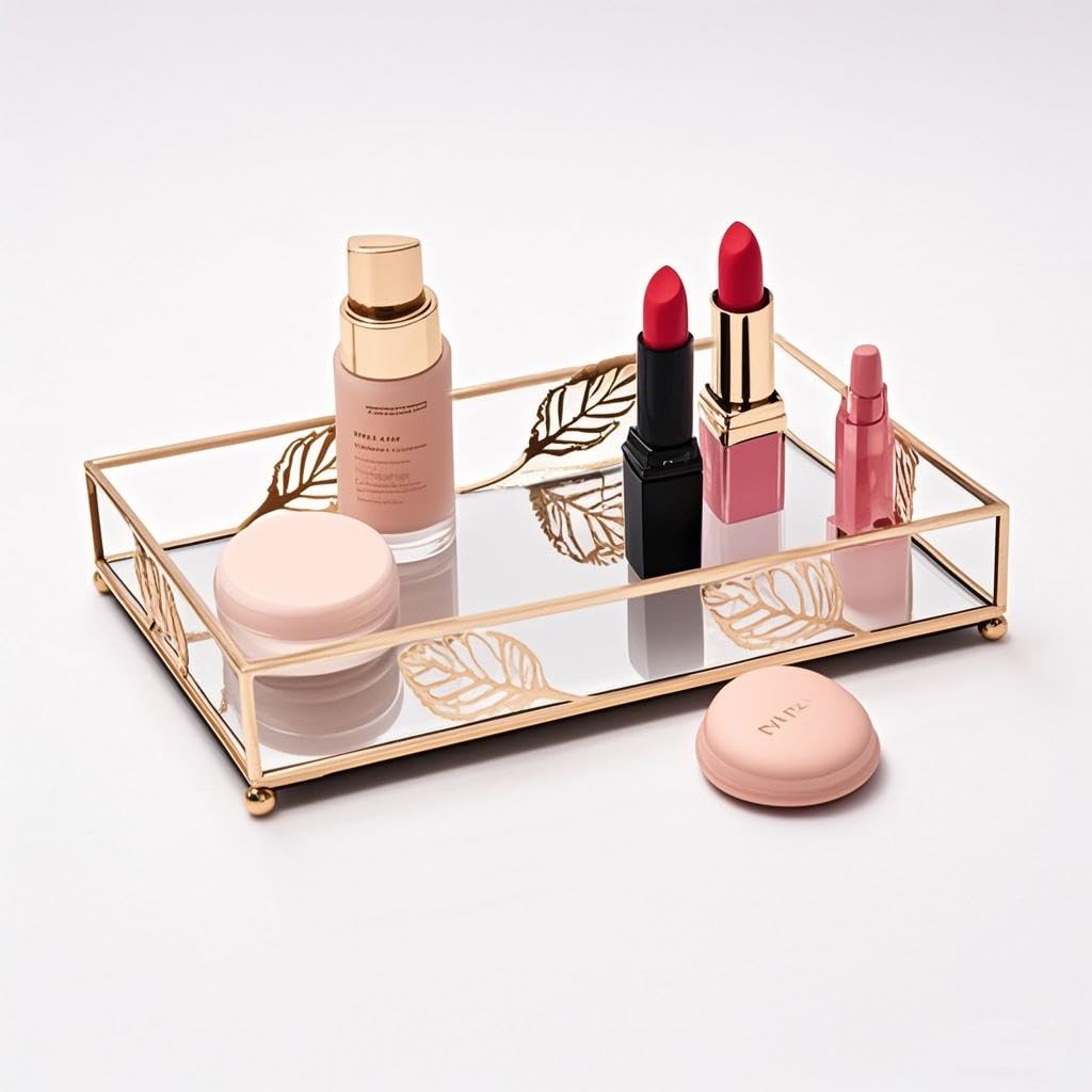 Manis Zuo Golden Mirror Decor Tray, Metal Mirror Serving Tray, Vanity Tray, Decorative, Bathroom, Perfume, Jewelry Trays, for Dresser Décor, Storage, Organizer. (Leaf, Rectangular)