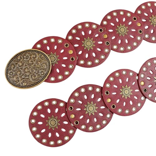 Women's Y2K Hollow Wide Disc Belt Boho Leather Belt Western Chunky Waist Belt Cowboy Metal Buckle Concho Belts4