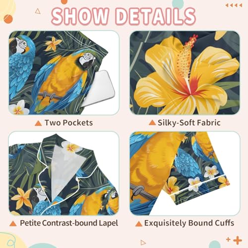 senya Parrots and Flowers Satin Summer Pajama Sets Silk Short Sleeve Button Down Sleepwear3
