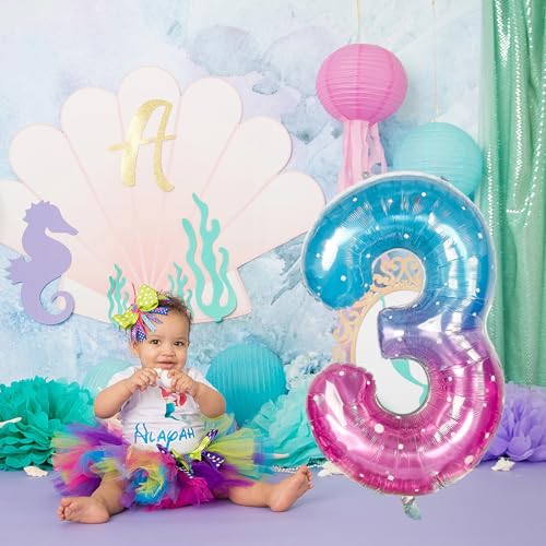 Image of Large Blue Pink Starry 3 Balloons, 40 Inch Giant Mermaid Helium Mylar Foil Globos Numero for Girls, Self Inflating Rainbow 3rd Birthday Balloon for Women Three Anniversary Party Decorations Supplies